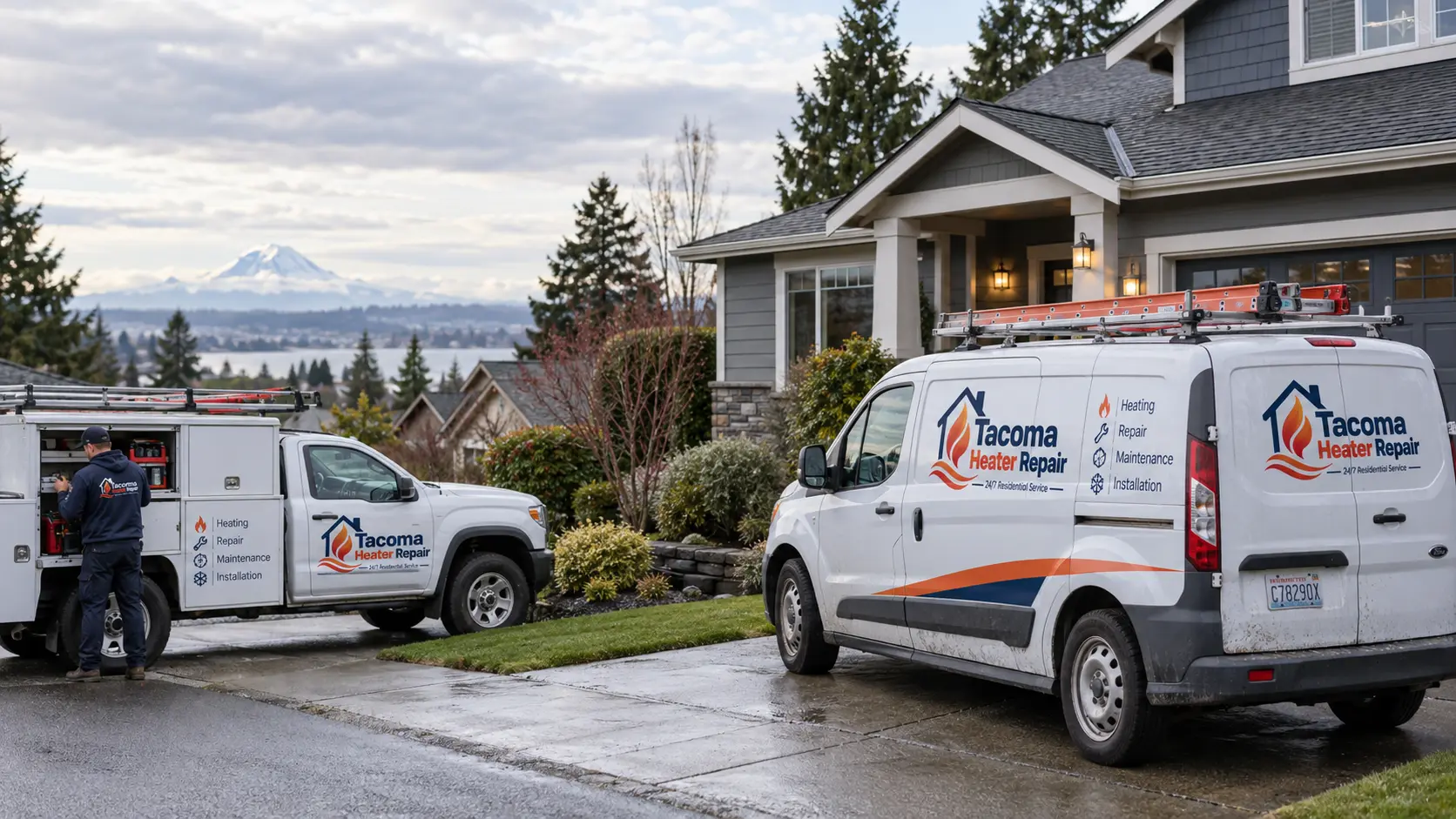 Two Tacoma Heater Repair service vehicles parked in the driveway of a Tacoma-area home with Mount Rainier in the distance